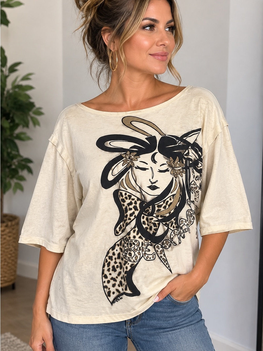 Vintage Graphic Women's Top with Black Illustration